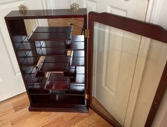Chinese Carved Rosewood Mother of Pearl Wall Curio Display Cabinet w/Mirror Back