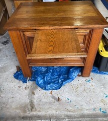 Antique solid oak kitchen island / cabinet; two drawers, & cutting board; $200