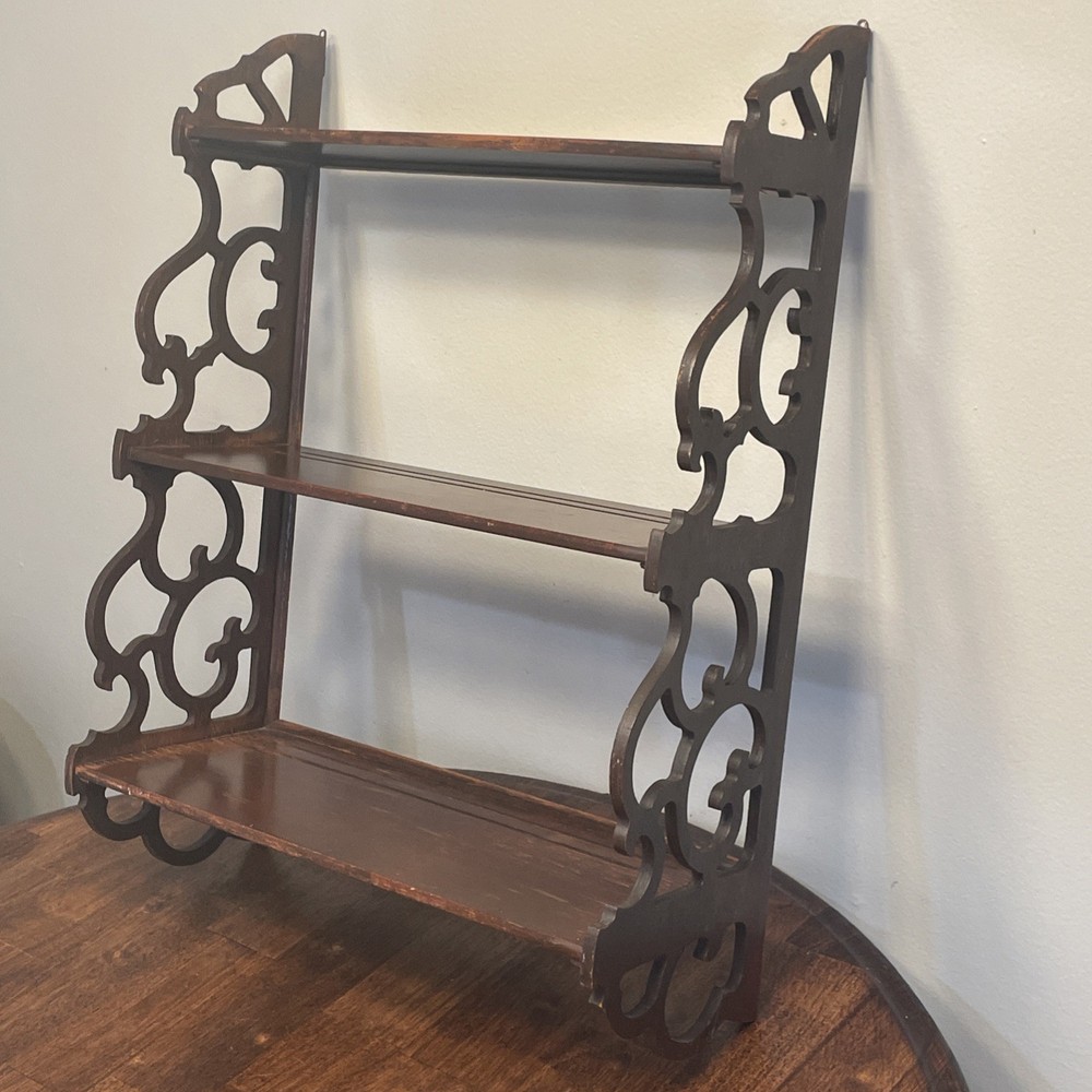 Antique Edwardian Mahogany Carved Fretwork Wall Plate Shelf Rack Display Grooves
