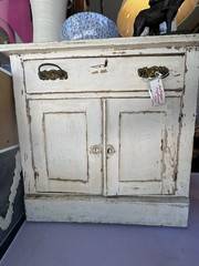 Antique Distressed White Wood Cupboard with Brass Handles and Drawer