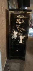 Black Asian Motif Wood Cabinet w/ 2 Hinged Doors, 2 Drawers, Pull Handles