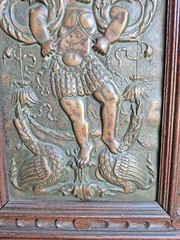 VICTORIAN OAK CABINET W FIGURAL BRASS PANELS