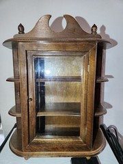 vtg Original curio Wood Walnut Color cabinet Door Inside Collectible Covered