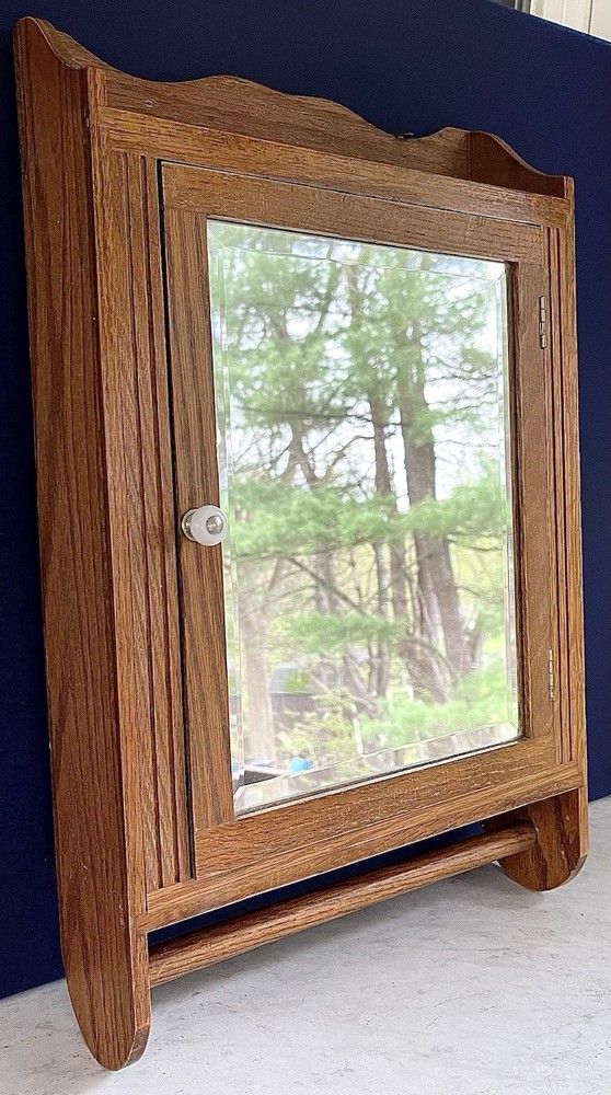VTG Oak Mirrored Wall Mount Medicine Cabinet with Towel Bar 21 X 13