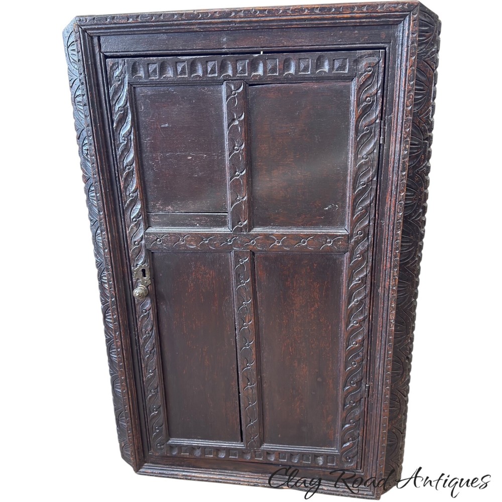 antique hanging corner cupboard pilgrim carved oak primitive 17th century