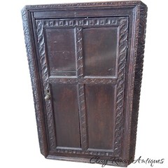 antique hanging corner cupboard pilgrim carved oak primitive 17th century