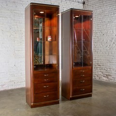 Modern Pair Lighted Display Cabinets by Bassett Furniture Cherrywood & Brass