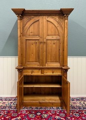 Vintage English Large Pine Cupboard Cabinet Corinthian Capitals Fluted Columns
