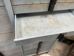 Antique vintage dental medical industrial cabinet, mid-century modern metal blue