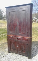 1850s Two Piece Poplar Blind Door Corner Cabinet Cupboard w Org Alligator Finish