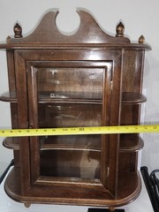 vtg Original curio Wood Walnut Color cabinet Door Inside Collectible Covered