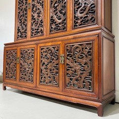 Vintage Rosewood China Cabinet with Carved Oriental Dragons & Asian Glass Doors