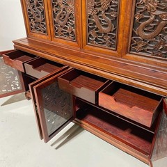 Vintage Rosewood China Cabinet with Carved Oriental Dragons & Asian Glass Doors