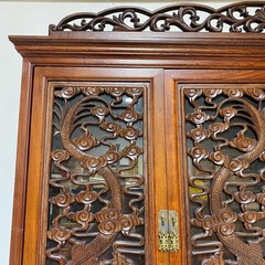 Vintage Rosewood China Cabinet with Carved Oriental Dragons & Asian Glass Doors