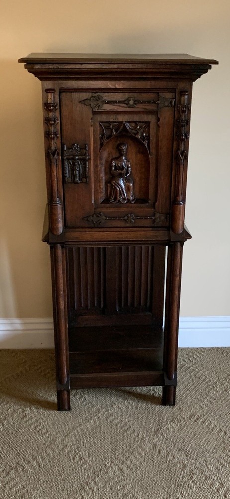 Antique Carved Wood French Gothic Oak Music Cabinet