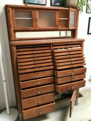 Antique Oak Dental Cabinet Etched Glass Doors and Drop Down Glass Cover 