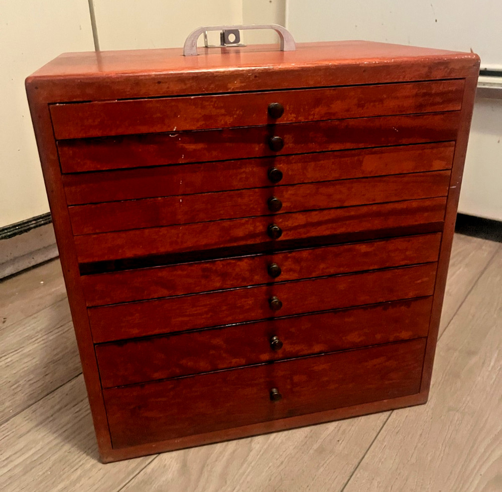 VTG 9 Drawer Dentist Apothecary Cabinet w Dental Tools & Accessories Mahogany
