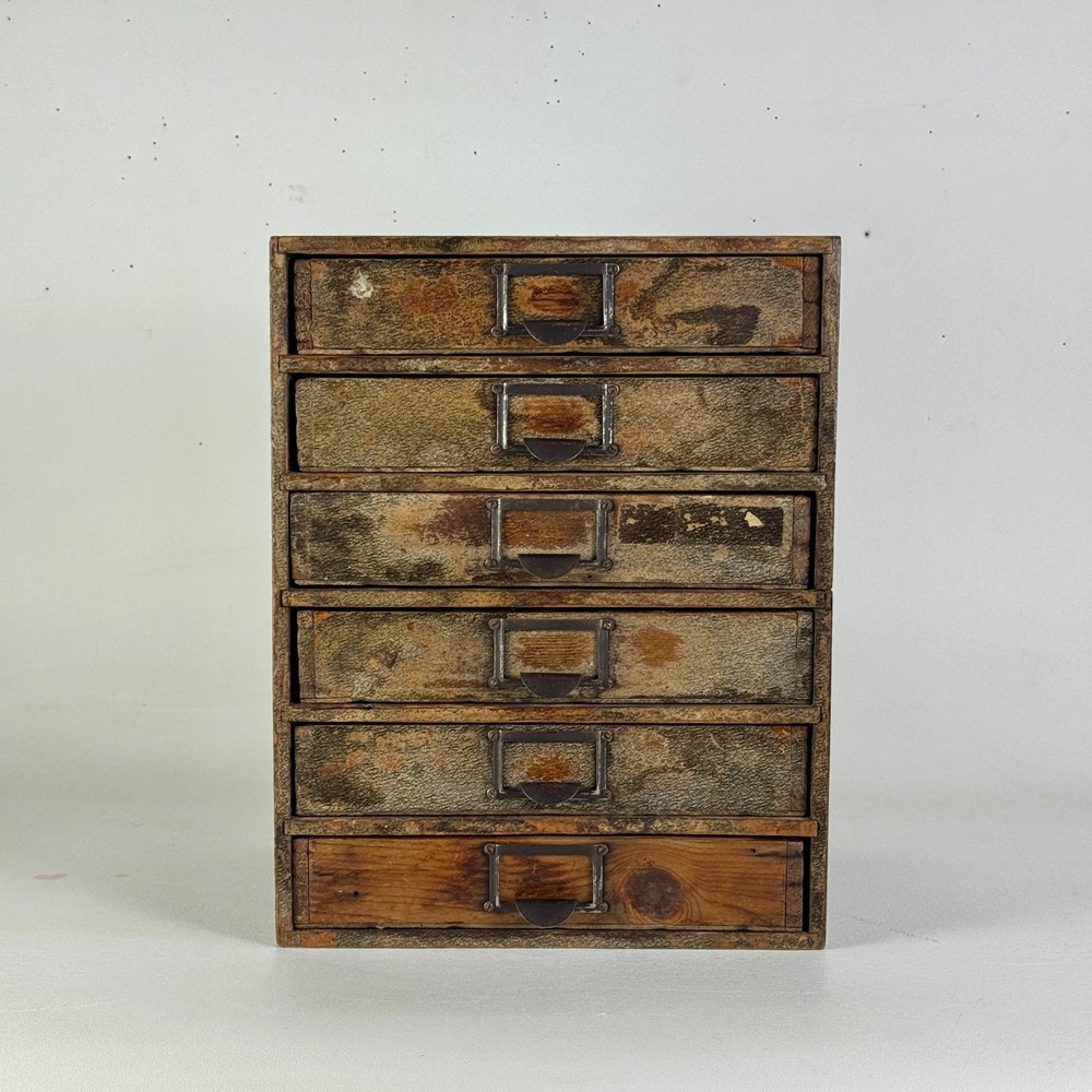 Antique Six Drawers Desktop Office Cabinet With Remnant Embossed Paper Over Wood