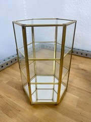 MCM Miniature Brass & Glass Tabletop 3-Shelf Double Door Curio Display Cabinet