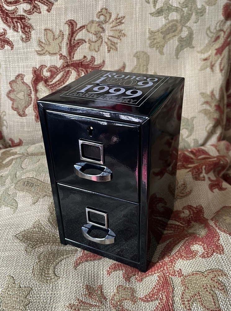 Miniature Roneo Two Drawer Metal Money Box Filing Cabinet Draws Vintage 90s