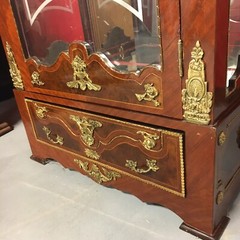 Ornate Burl Walnut French Style Display Cabinet With Brass Accents Glass Shelves