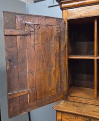 Antique French Elm Deux Corps Buffet Cabinet With Inlay and Fitted Interior