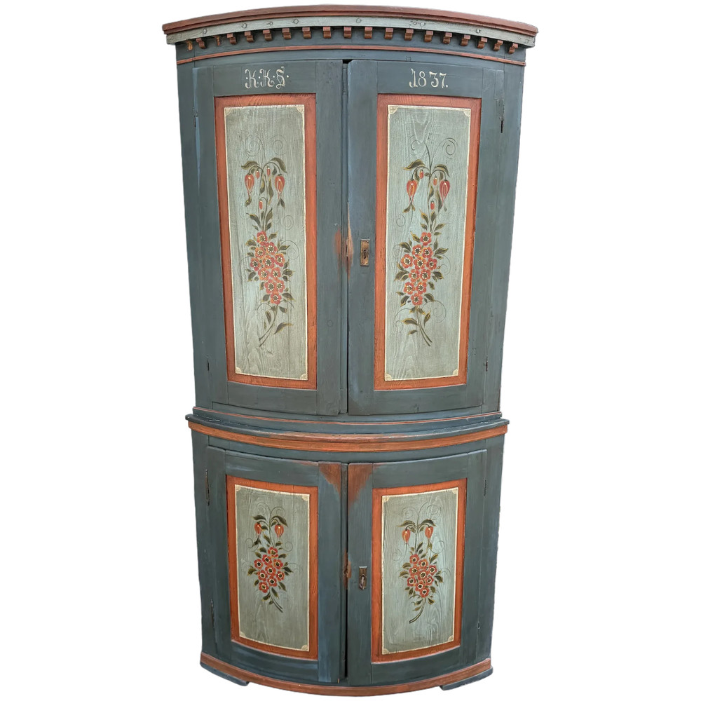 19th Century European Paint Decorated Two Part Bow Front Corner Cupboard