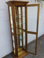 Hollywood Regency Tall Narrow Distressed Gold Display Shelf Cabinet 6245