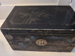 Scarce Vintage Chinese Black Lacquered Painted 2 Door Cabinet 20″x 12″X 11″