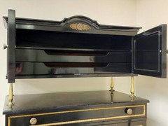 RARE CHIC 40’s GROSFELD HOUSE BLACK LACQUERED CABINET w/ CANE WORK & BRASS