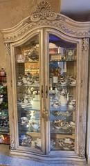 Antique Distressed China Cabinet with Glass Doors, 5 Shelves, Beige Gold Wood