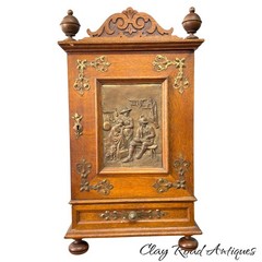 Antique Art Nouveau tiger oak quarter sawn wall cabinet 1890 bronze plaque nice