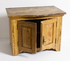 17″W, Antique 1930s small Children’s 2 door Cabinet, faux wood grain painted.