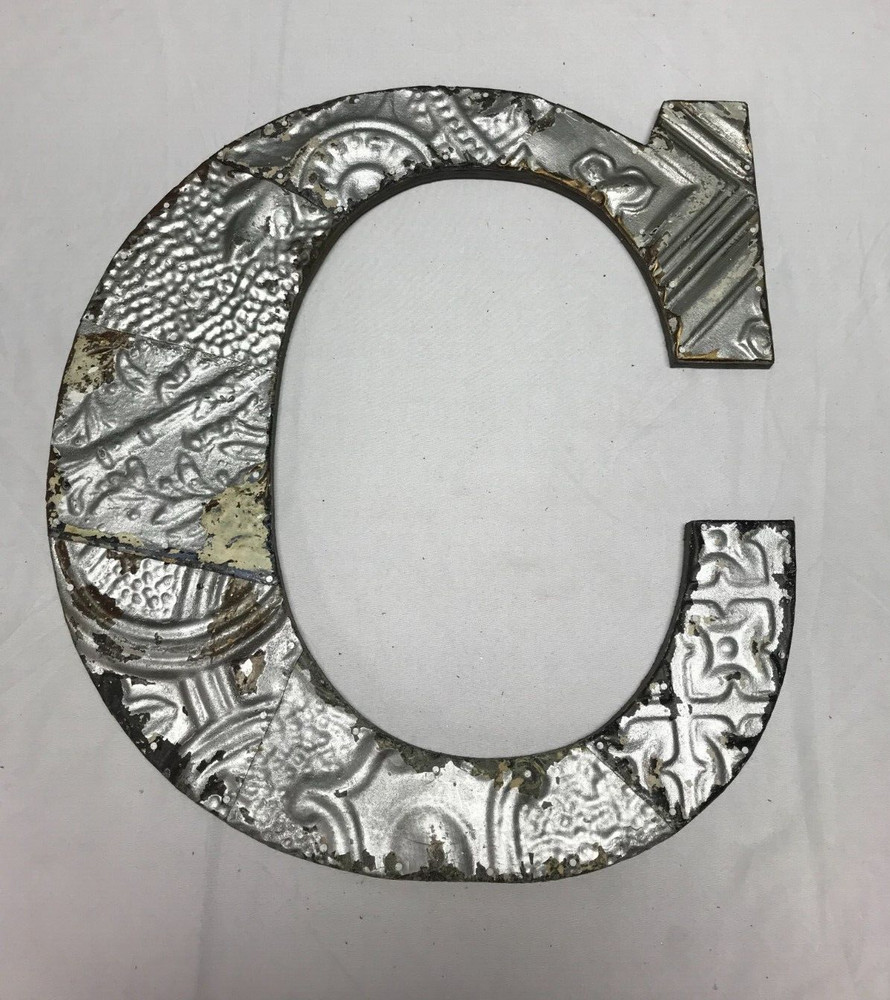 Decorative Salvaged Tin Ceiling 17″ Patchwork Silver Metal Letter C Old 1628-23B