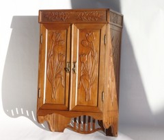 Antique Art Nouveau Carved Cabinet with Floral Details, Wooden Wall Chest