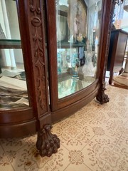 Antique Early 19th C Mahogany Lion Carved Bow Front China Cabinet, Paw Feet