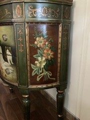 Hand Painted Antique Wood Bedside Cabinet Green Gold Cat Floral Motif 2 Drawers