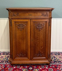 Antique French Double Door Cabinet Cupboard Carved Honey Oak Drawer early 20th