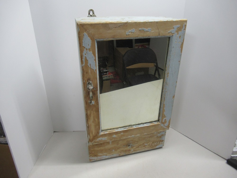 Antique Wood Medicine Cabinet with Drawer Chippy Paint Mirror Farmhouse