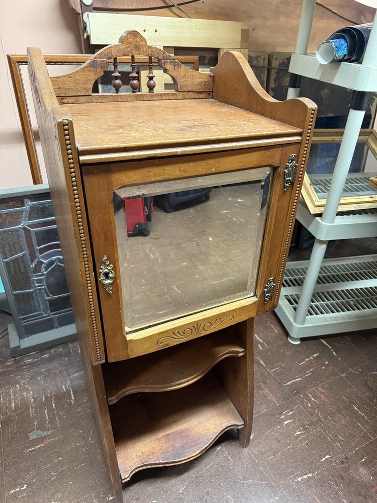 Antique Wooden Cabinet with Beveled Mirror Compartment and Lower Shelves Vintage