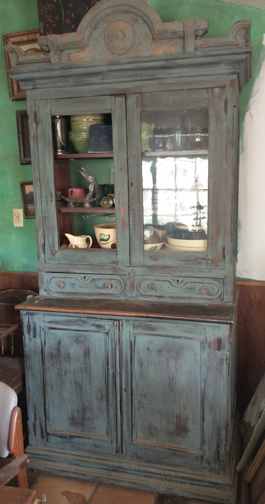 Antique Country Farmhouse Old Blue Milk Paint 2 Piece Step Back Cabinet Cupboard