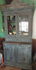 Antique Country Farmhouse Old Blue Milk Paint 2 Piece Step Back Cabinet Cupboard