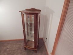Vintage Curio Cabinet Wooden & Glass; Lighted, Mirrored, Glass Shelves, Lock Key