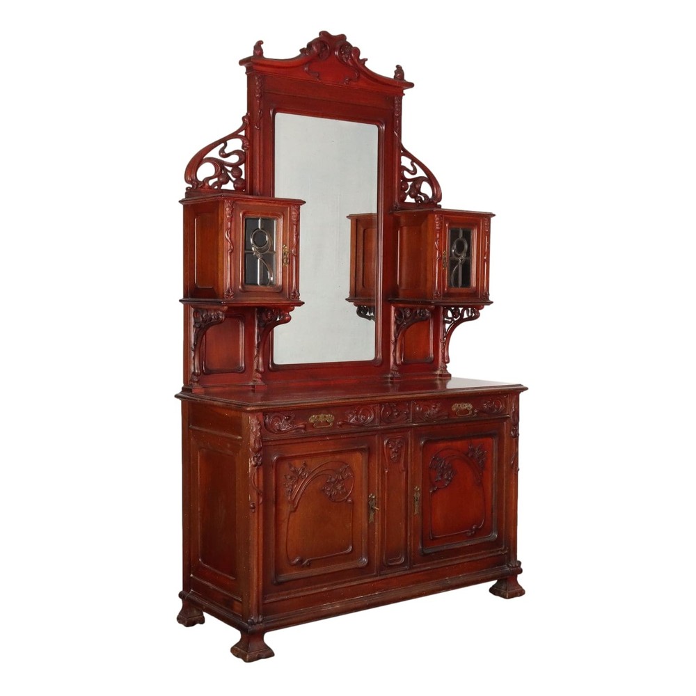 Antique Cupboard Art Nouveau Walnut Decorations Italy XIX Century Original