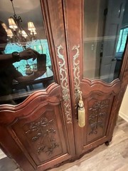 Vintage French hand carved beech china cabinet, 16″ iron hinges, lock and key