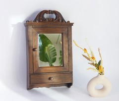 Small Antique Wooden Chest, Wall Cabinet with Beveled Mirror and Floral Ornament
