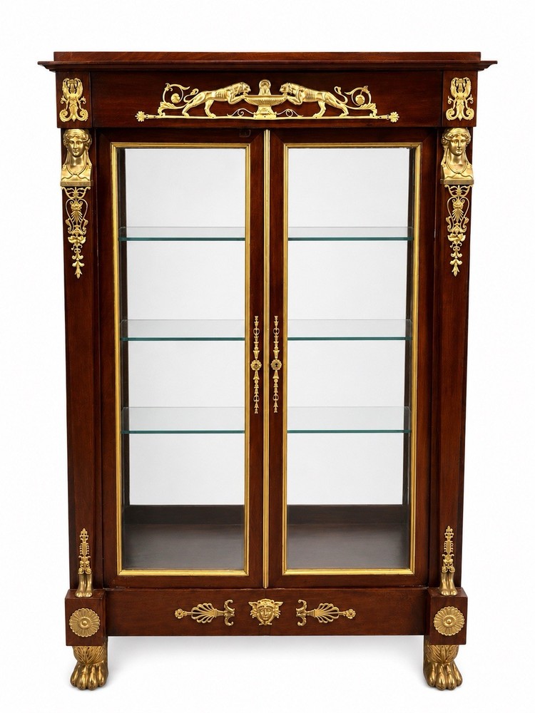 Antique French Empire Mahogany Ormolu Mounted Vitrine Display Cabinet Bookcase