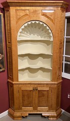JP Callahan Custom Tiger Maple Two-Part Corner Cupboard with Shell Carving