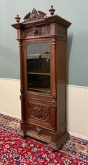 Antique French Renaissance Revival Scholars Bookcase Cabinet Carved Oak 19th C