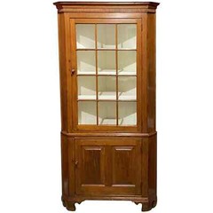 Early 19th c American Pine Two Part Corner Cupboard with Matchstick Molding